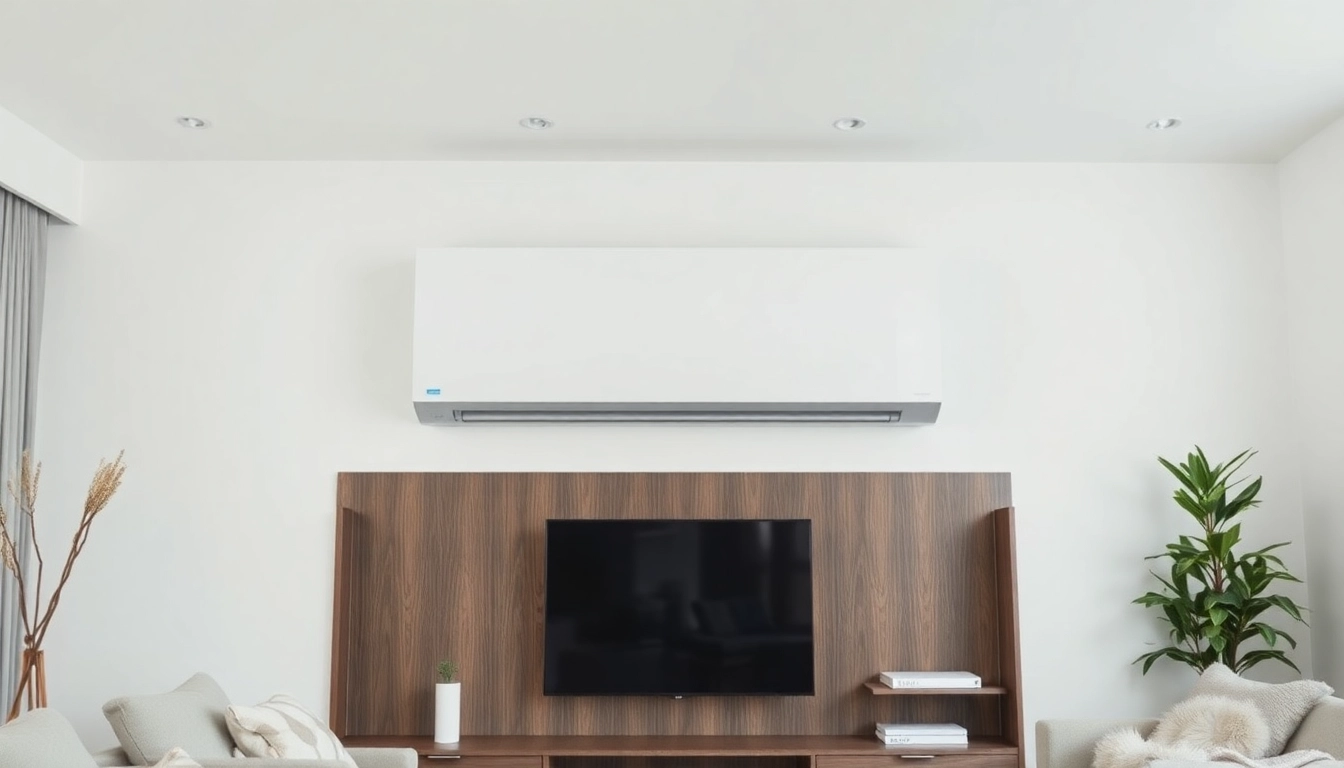 Klimaanlage in modernem Wohnzimmer mit Fokus auf clima kosten in eleganter Gestaltung und neutralem Licht.