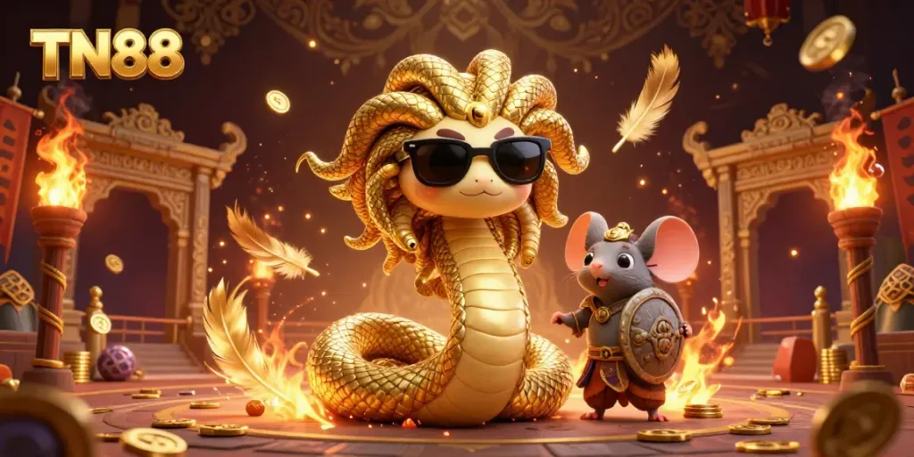 Experience top gaming thrills at TN88 with a festive, dynamic casino scene featuring Medusa and a warrior mouse.