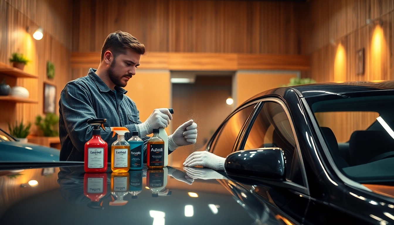Detailing Produkte in einem modernen Autopflege-Studio mit professionellem Experten bei der Arbeit.