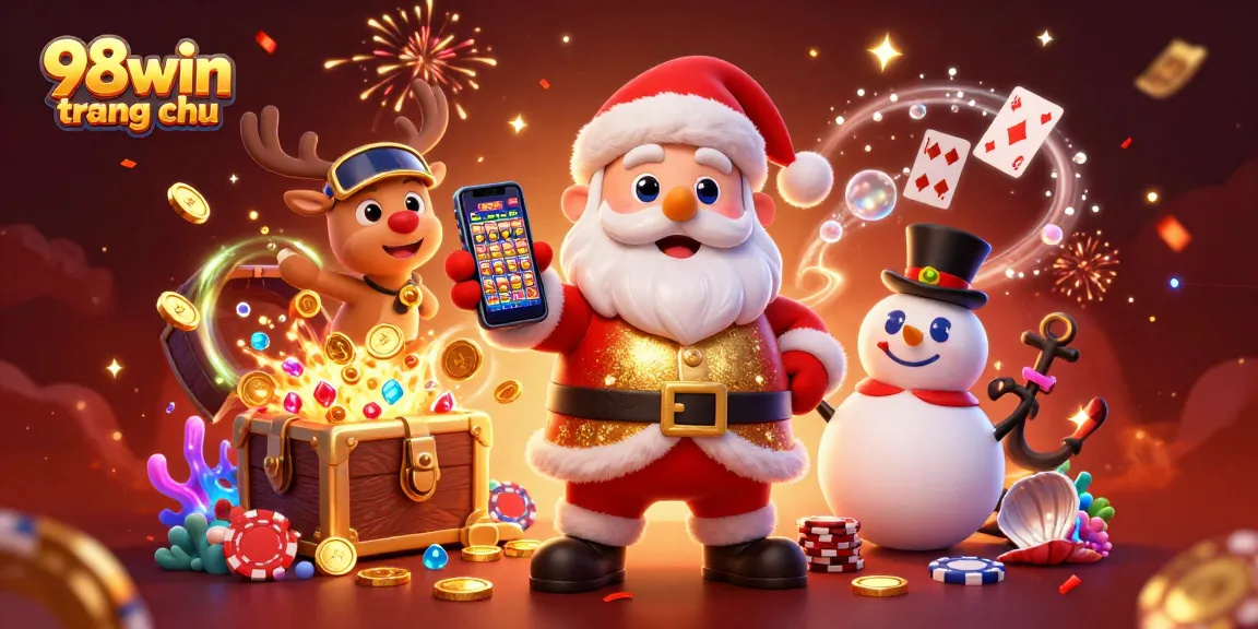 Winning strategies at 98win trang chu showcased by a festive casino scene with Santa and friends.