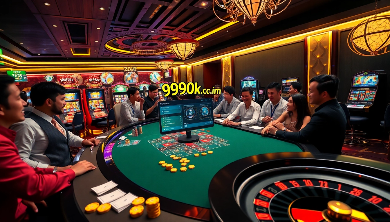 A dynamic casino environment at 99ok.co.im with vibrant slot machines and engaged players at a modern gaming table.