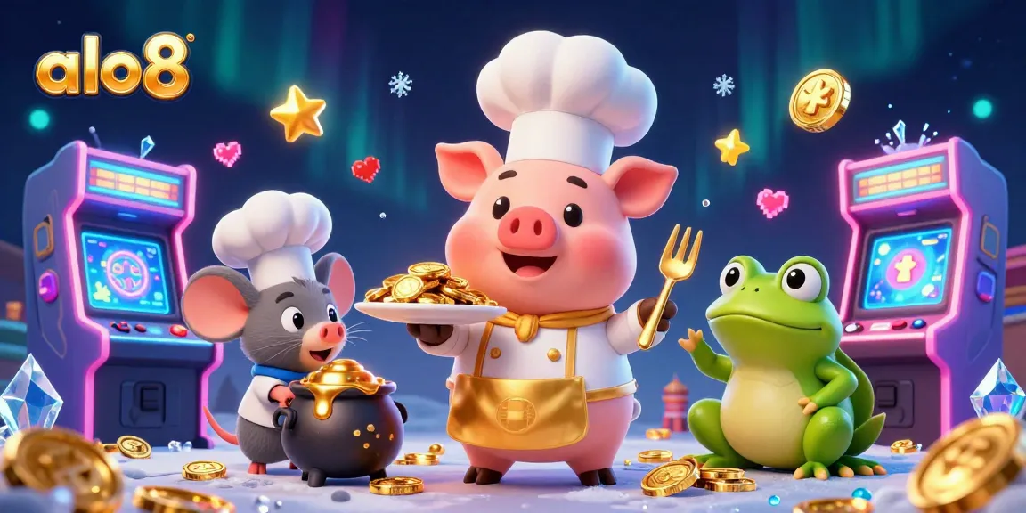 Join the excitement at alo8 with gourmet gold coins served by a chef pig in a vibrant 3D casino scene.