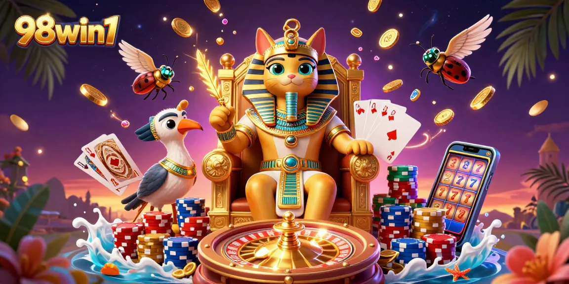 Engage with 98win1's vibrant pharaoh-themed casino experience featuring golden treasures and exciting gameplay.
