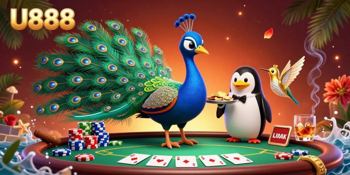 Engage in thrilling poker action with U888's vibrant scene featuring a lavish peacock and golden chips.