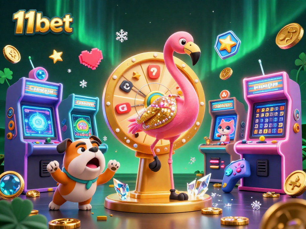 Experience fun gaming thrills with 11bet's vibrant scene featuring prizes and interactive arcade elements.