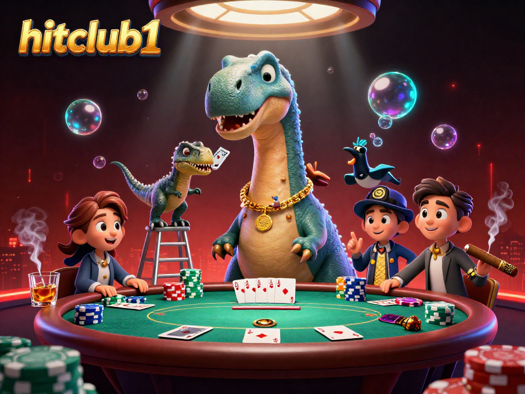 hitclub1 poker scene with a dinosaur dealer, vibrant colors, and game elements