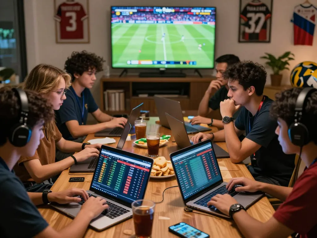 Group of sports fans analyzing kèo nhà cái on laptops and smartphones in an exciting online betting atmosphere.