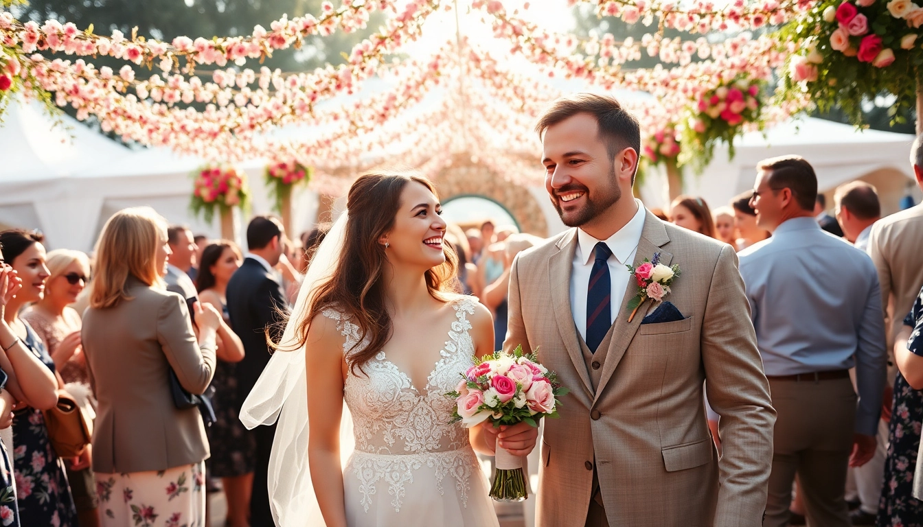 Eventfotograf München fängt die Magie einer Outdoor-Hochzeit mit glücklichem Paar und Gästen ein.