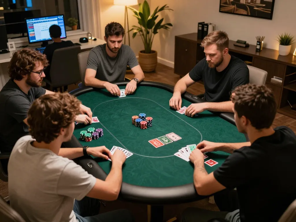Players engaging in an online poker game on 78winvina, showcasing strategic betting choices and an inviting home atmosphere