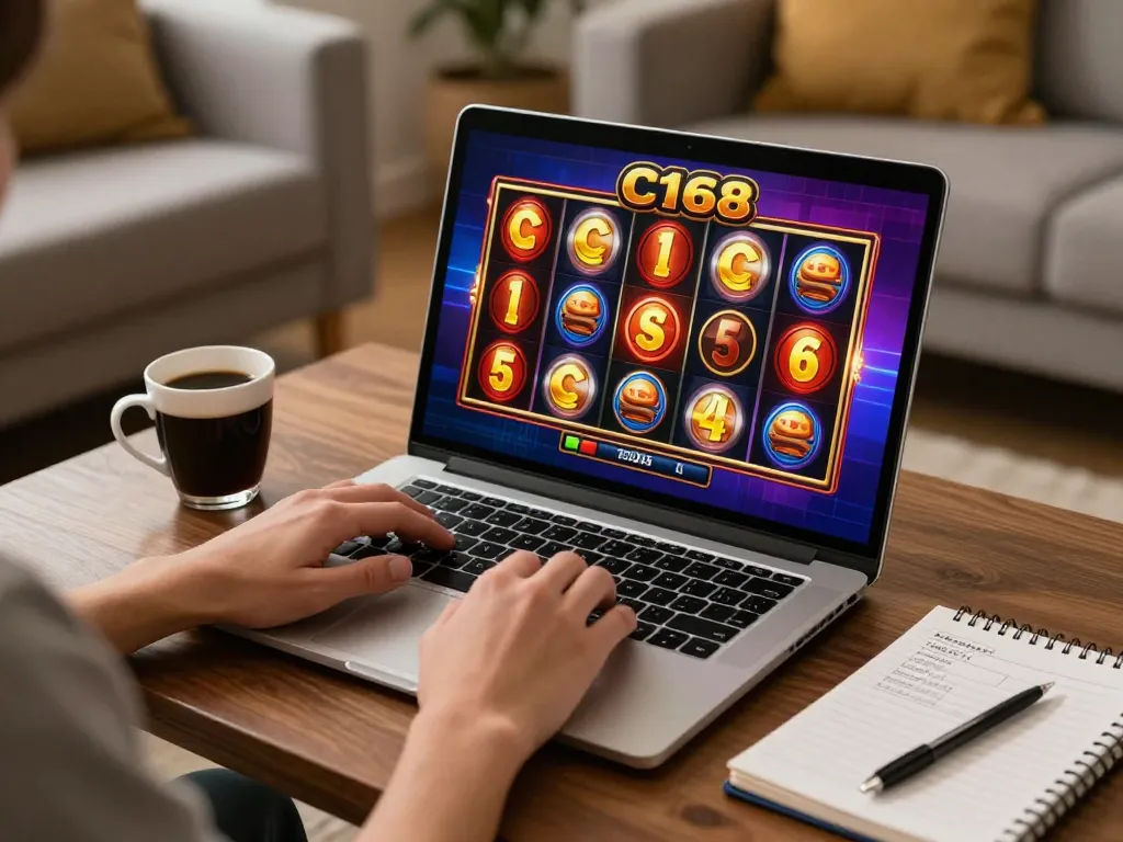 Playing exciting C168 online casino games at home with vibrant slot reels on screen