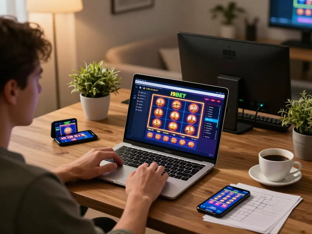 I9BET online gaming experience with person engaged in virtual slots on laptop.