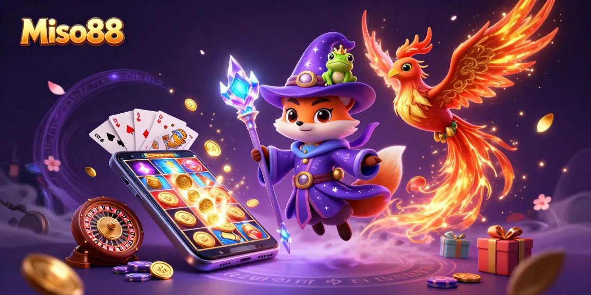 Miso88 offers thrilling casino games featuring wizard fox and phoenix, surrounded by slot elements and enchanting effects.