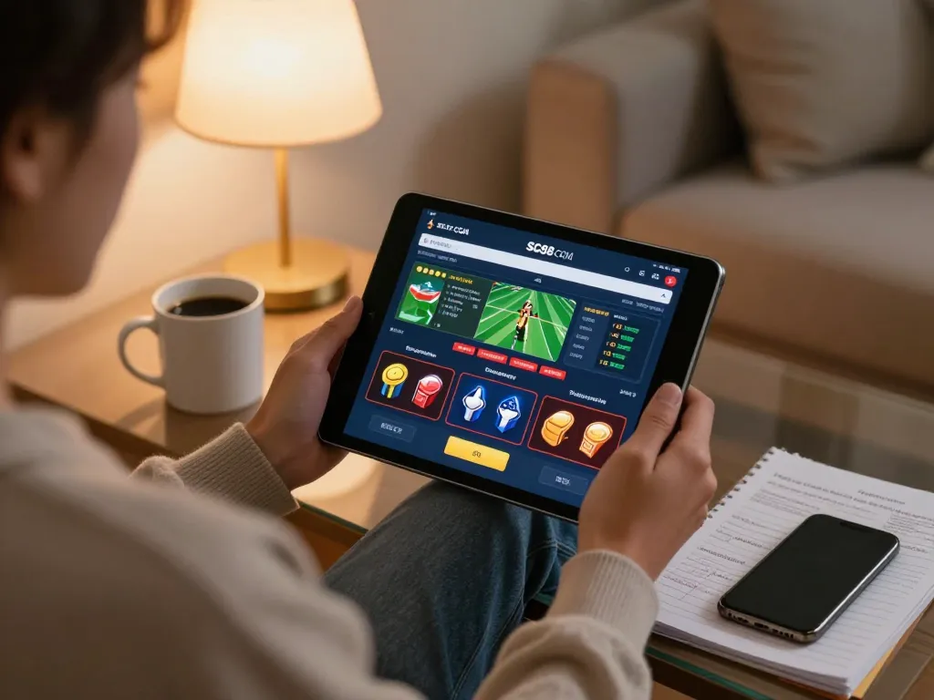 Engaging with SC88 COM online gaming on a tablet in a cozy home setting.