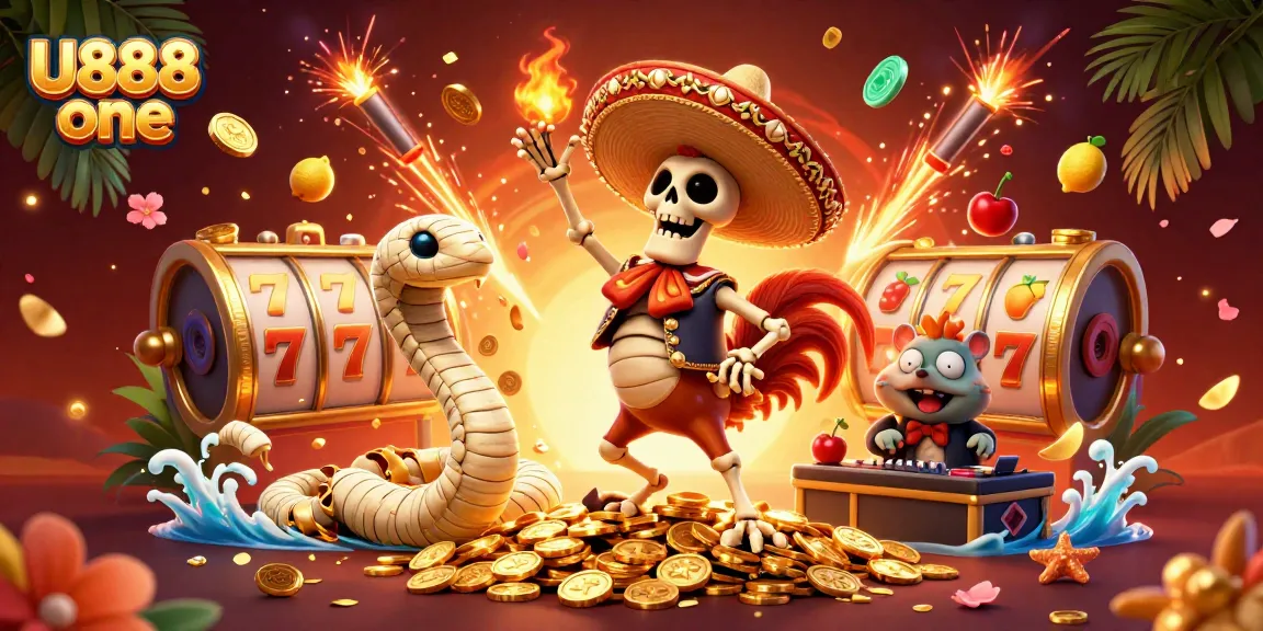 Experience the vibrant U888 one casino world with a dancing mariachi rooster surrounded by slot elements.