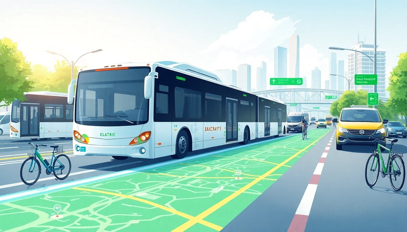Verkehrstechnologie in einer urbanen Umgebung mit innovativen Verkehrsmitteln und interaktiven Karten.