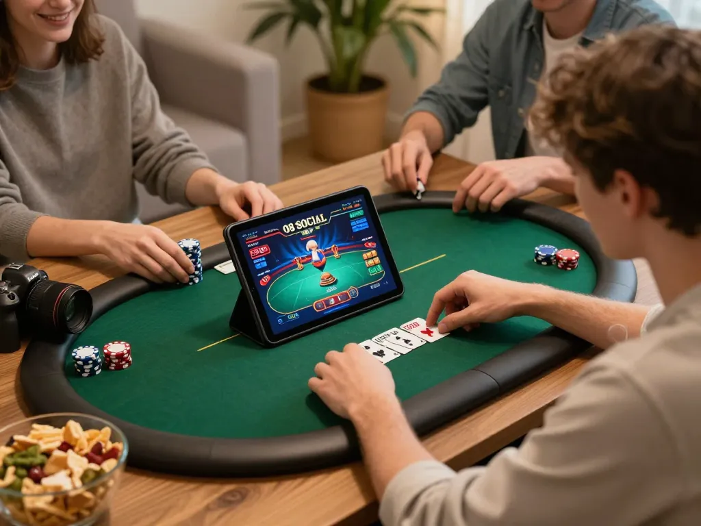 O8 SOCIAL player strategizing in an exciting home poker game setup with engaging visuals.