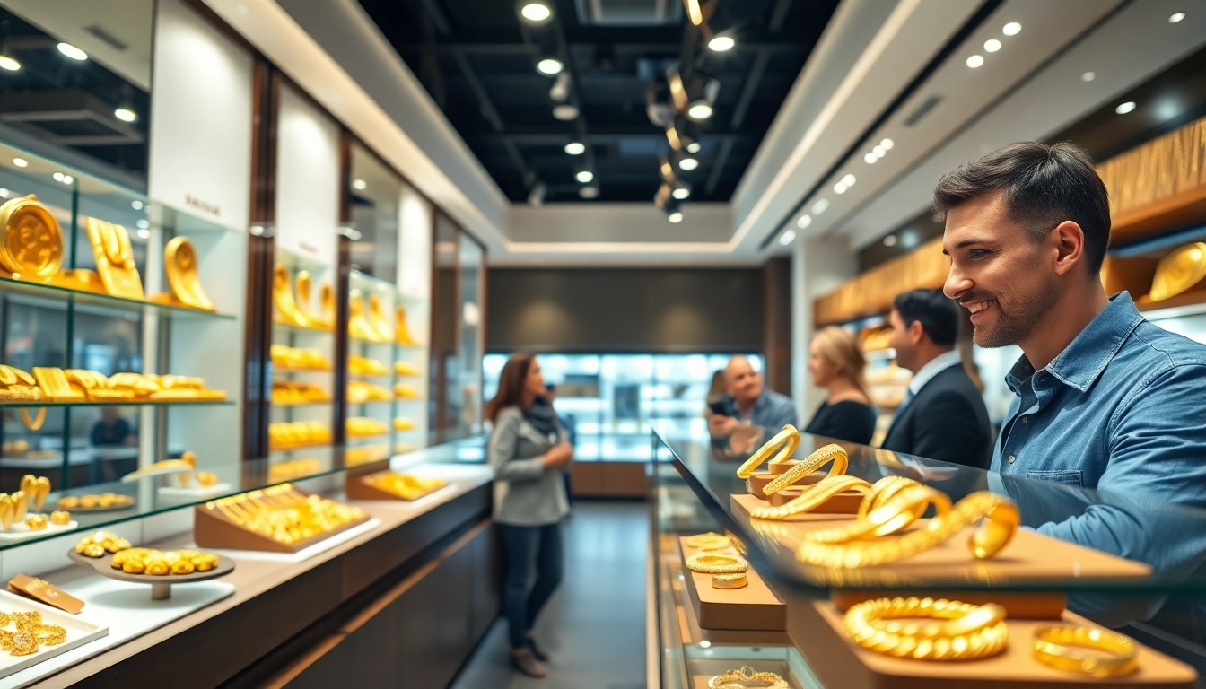 Gold verkaufen im modernen Geschäft mit strahlenden Schmuckstücken und zufriedenen Kunden.