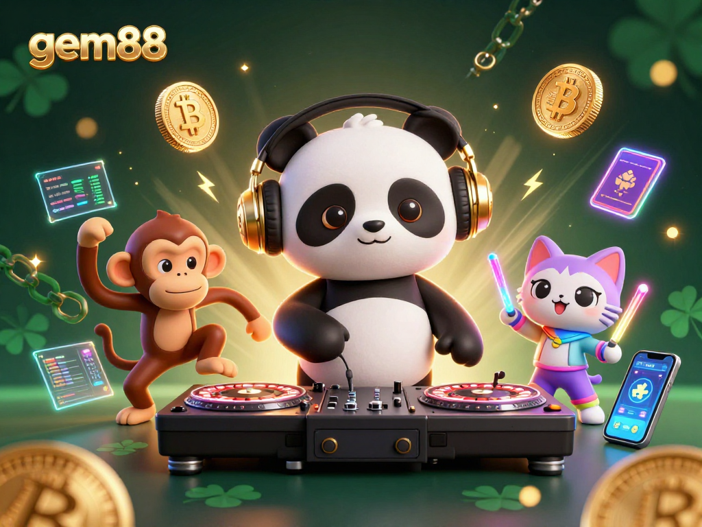 Experience gem88 with vibrant characters in a fun 3D casino setting surrounded by crypto elements.