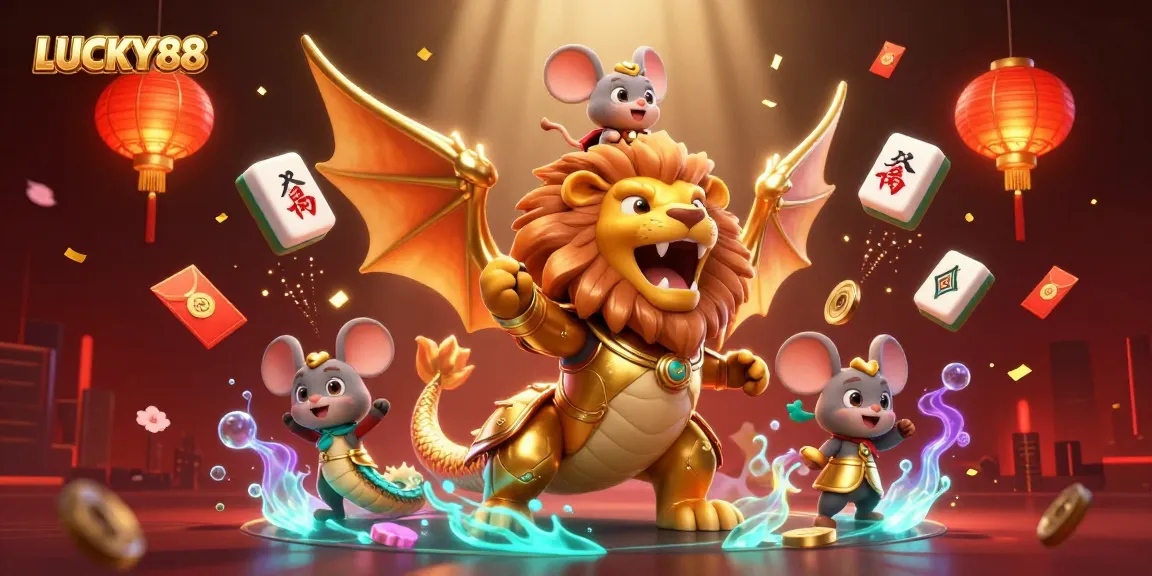 LUCKY88 showcases a triumphant chimera with a mouse jockey in a vibrant casino-themed scene.