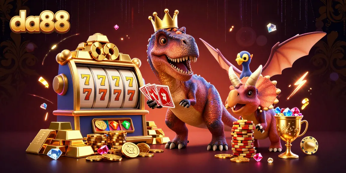 Spin the reels at da88 with a T-Rex and friends while stacking golden chips and treasures!