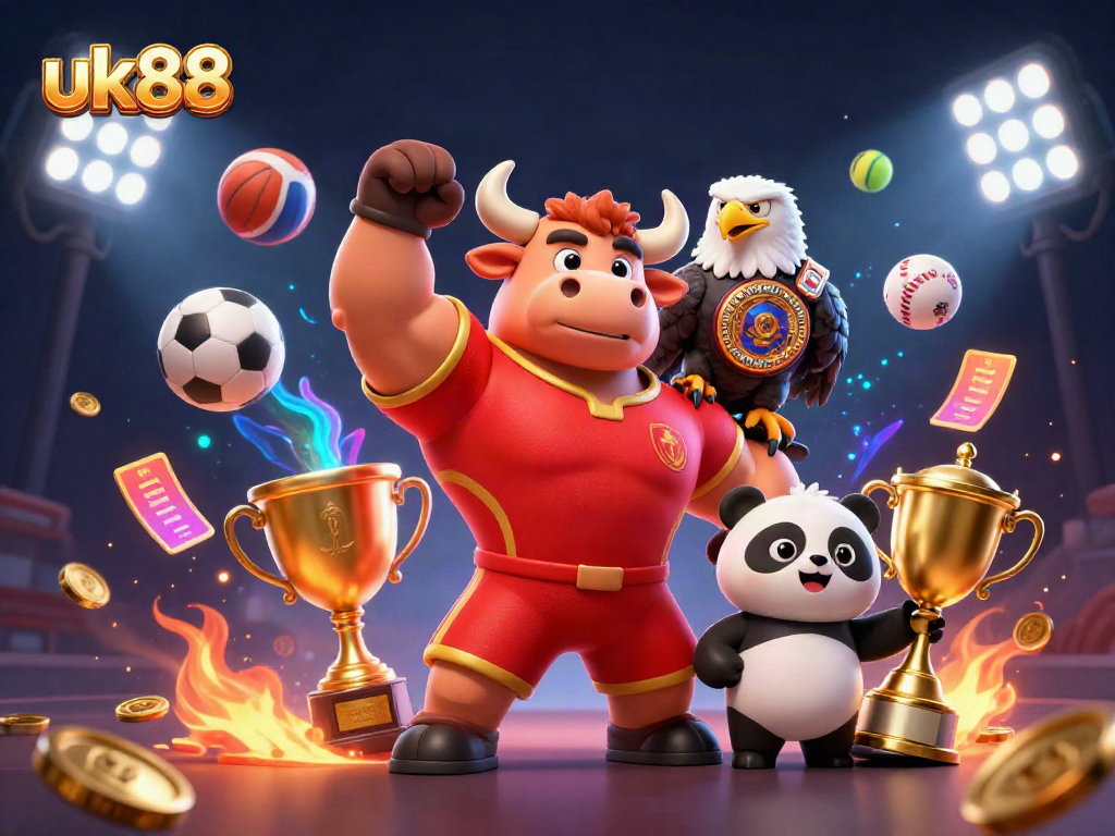 Experience the thrill of betting with uk88, featuring a muscular bull, eagle, and panda celebrating victories.
