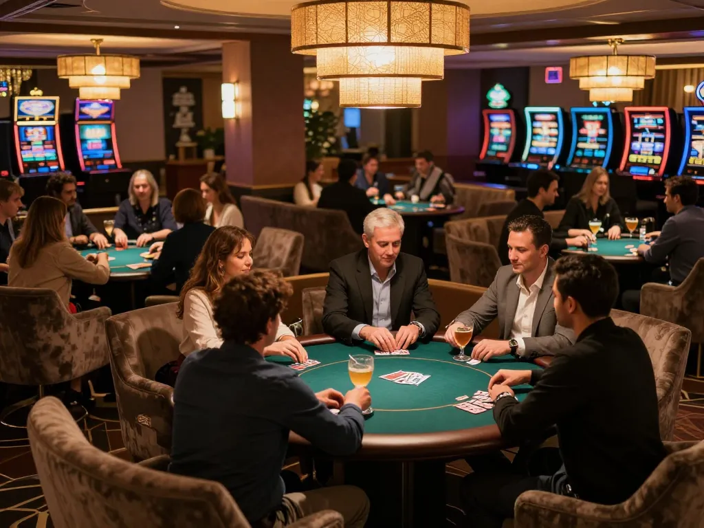 Engaged patrons discussing poker strategies at the upscale lounge of https://rr88.center/ with warm ambient lighting and vibrant atmosphere
