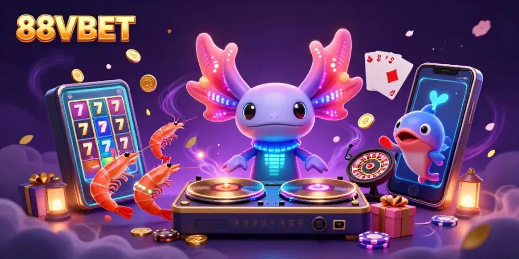 Experience the dynamic joy of gambling with 88VBET in this party scene featuring animated casino elements.