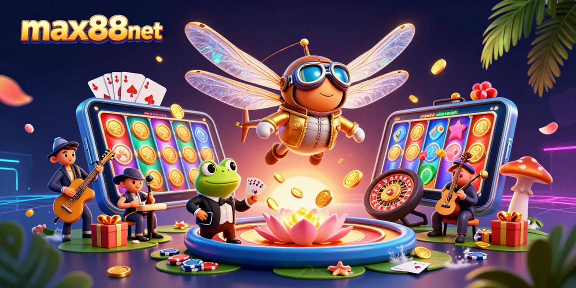 Experience thrilling luck with max88net in an animated casino scene featuring fun characters.