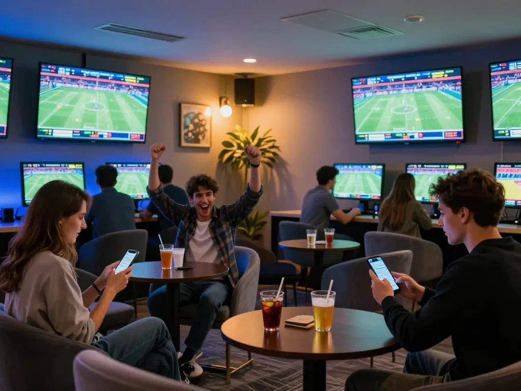 uu88 bettors celebrating wins in a stylish sports betting lounge with multiple screens