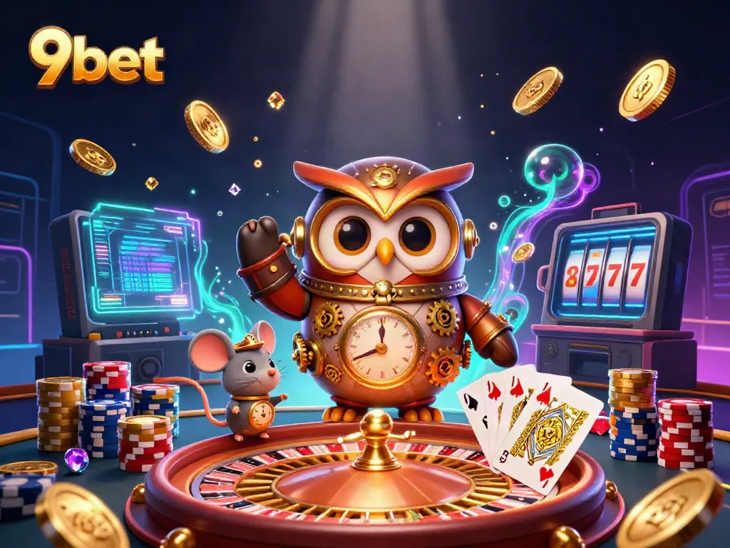 Experience the excitement of 9bet with a dynamic 3D casino scene featuring steampunk characters and vibrant gaming elements.