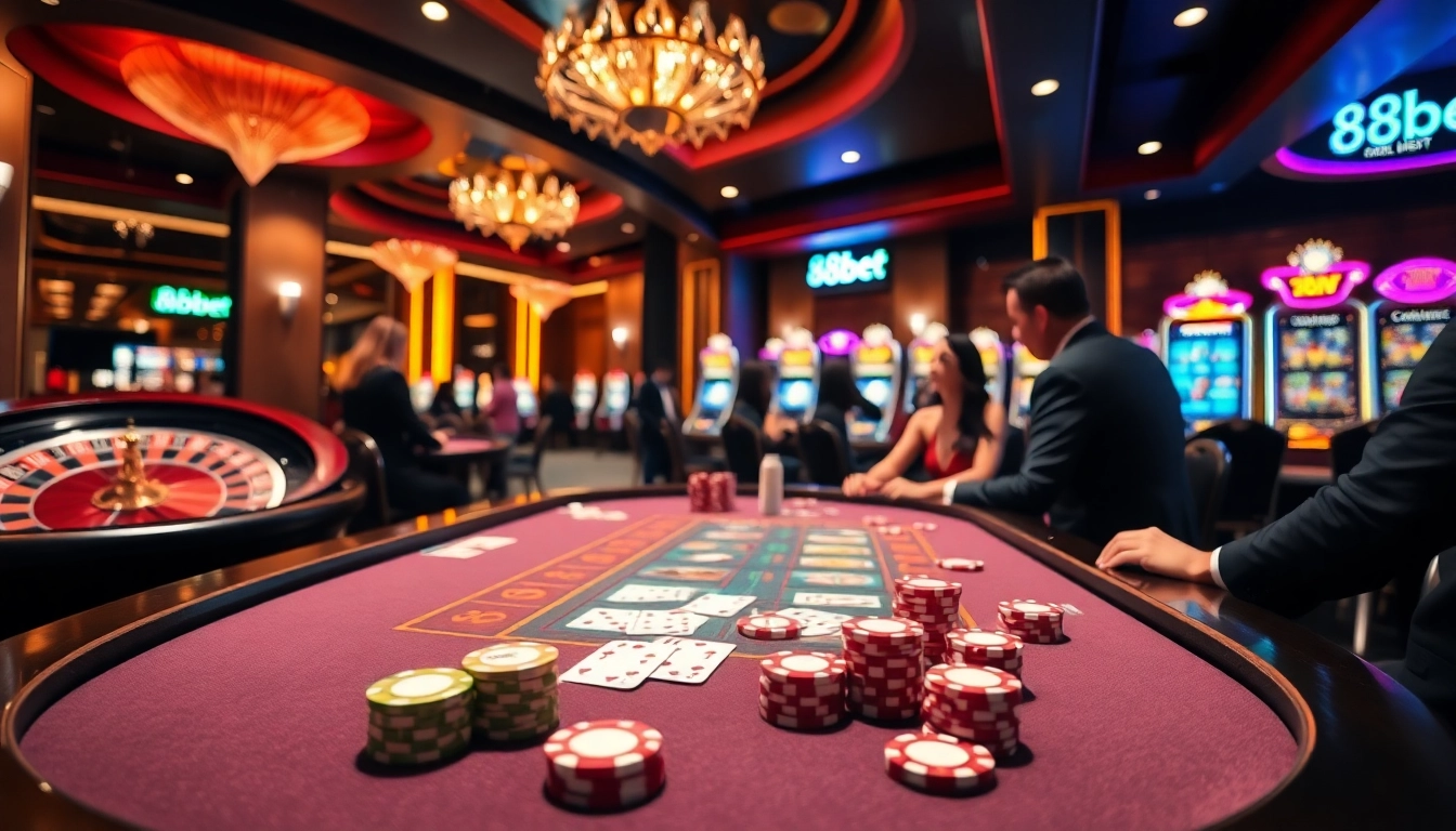 A dynamic casino scene with players at a poker table and slot machines, highlighting 88bet's gaming experience.