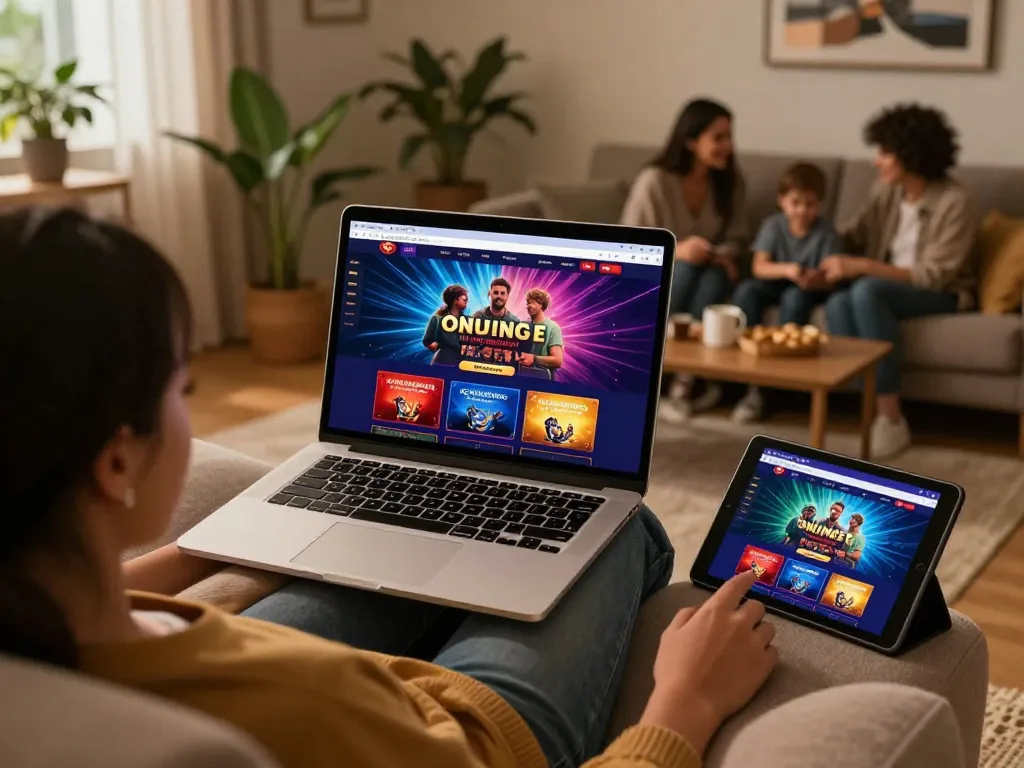 Engaged user exploring 33win's online casino interface from their cozy home.