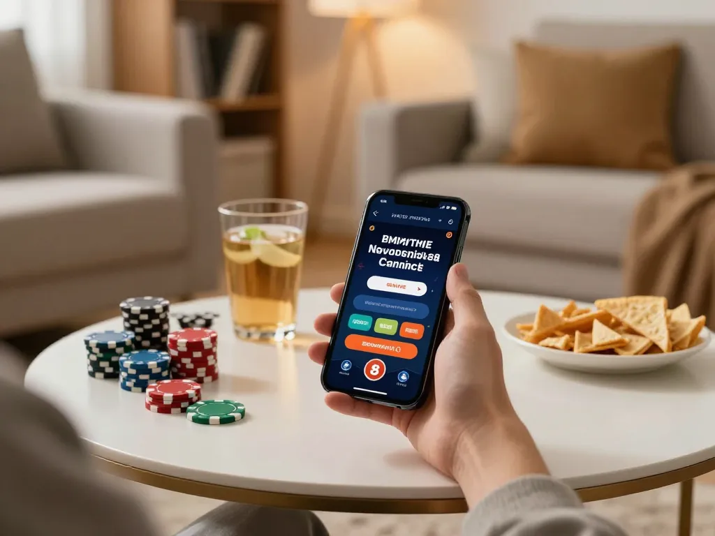 Engaging in u888 mobile casino gaming setup, showcasing a cozy atmosphere with snacks and strategic focus.