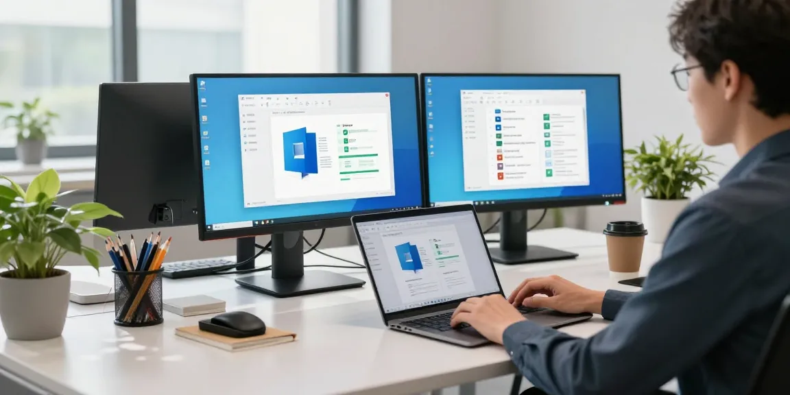 Microsoft Office 2024 deutsch Vollversion auf modernen Büroarbeitsplatz mit Laptop und Monitoren