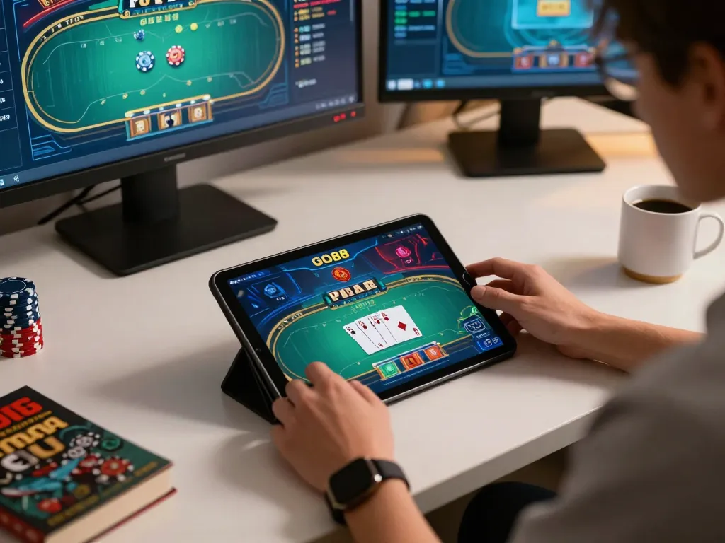 Engaging gameplay of GO88 showcasing poker strategy on a tablet, with a cozy home environment.