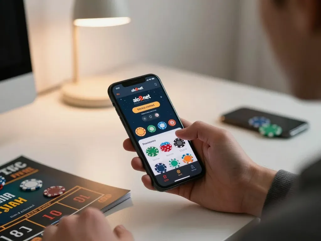Player using alo8net casino app on smartphone, emphasizing mobile gambling strategy