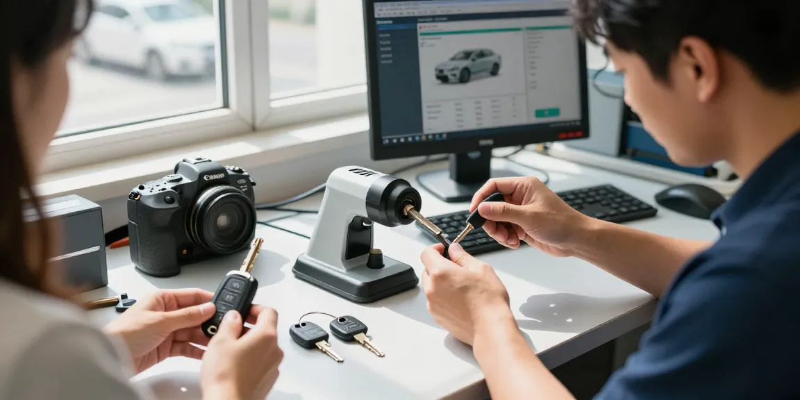 Schau es dir an, wie Experten in einer Werkstatt Fahrzeugschlüssel präzise anfertigen und Lösungen für Autoteile bereitstellen.
