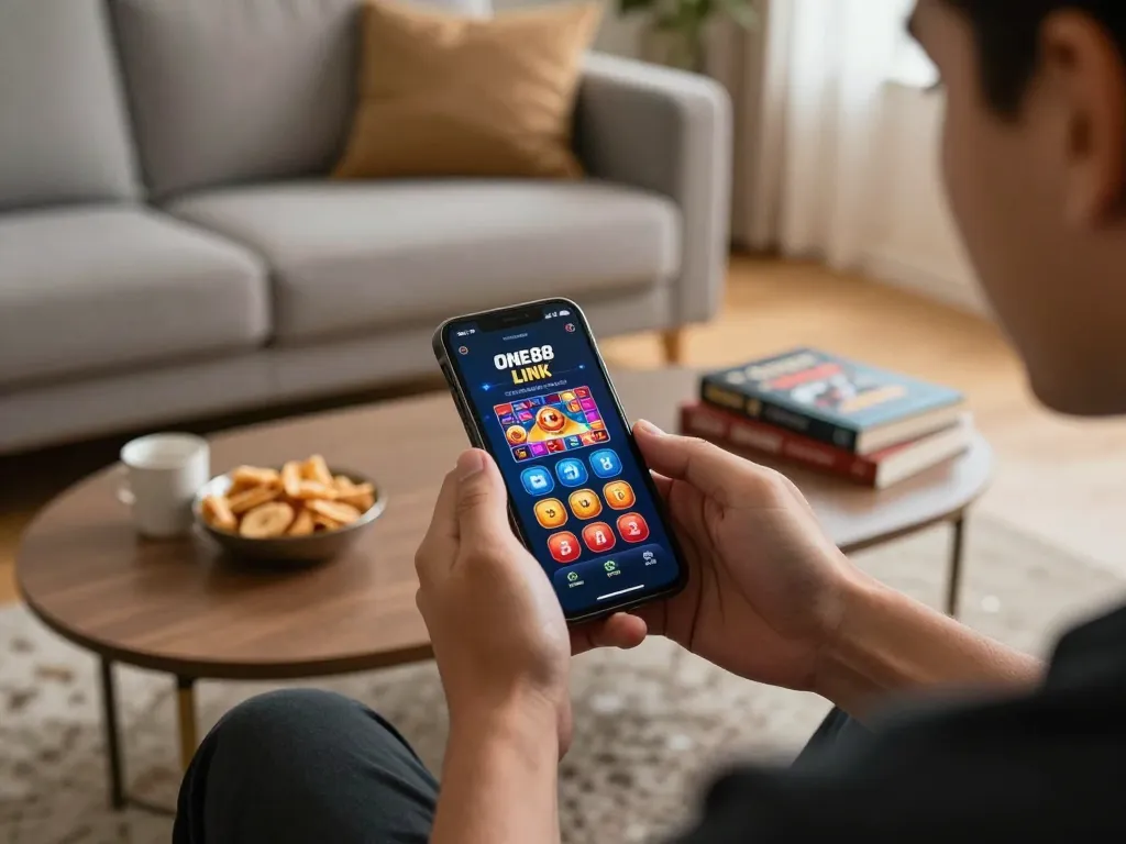 Engaging with the ONE88 LINK casino app on a smartphone in a cozy home setting.