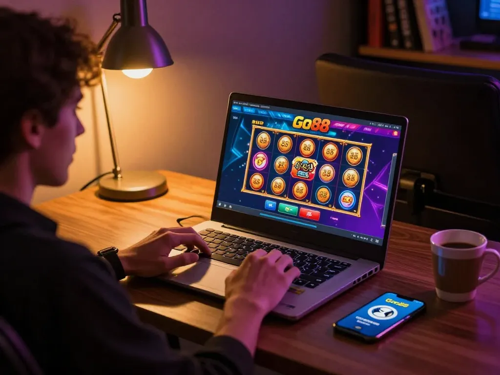 Engaged player using Go88 online casino interface on laptop for slot games.