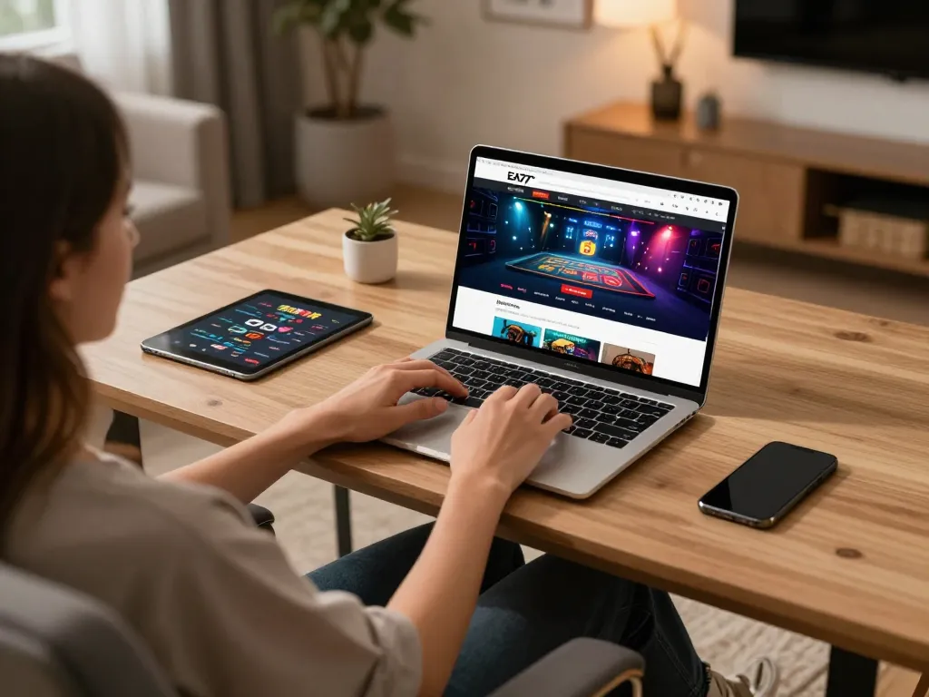 Experience online gaming at https://ea77.lat/ with a captivating live casino setup showcasing a player's engaged strategy.