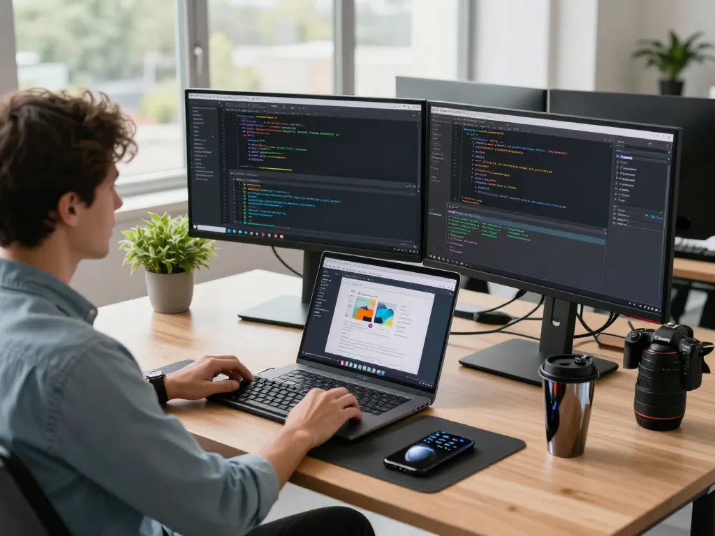 Experience fast browsing with 谷歌浏览器 in a dynamic tech workspace scene featuring a developer at work.