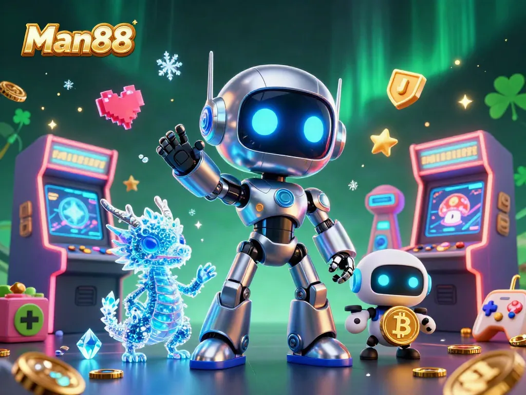 Engage in thrilling betting with Man88's vibrant gaming atmosphere featuring cyberpunk robots, arcade games, and casino elements.