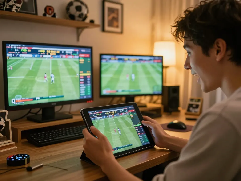 Engaged user placing bets on F168N ĐĂNG NHẬP through tablet during live sports events