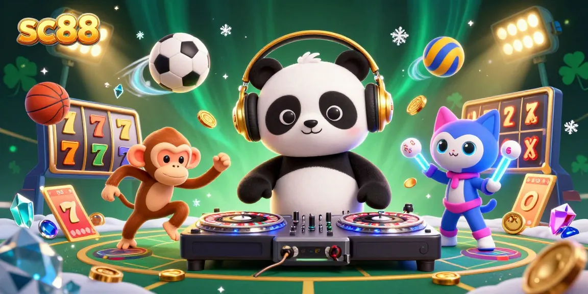 Engage with sc88's dynamic casino scene featuring a DJ panda and a breakdancing monkey, highlighting gaming excitement.