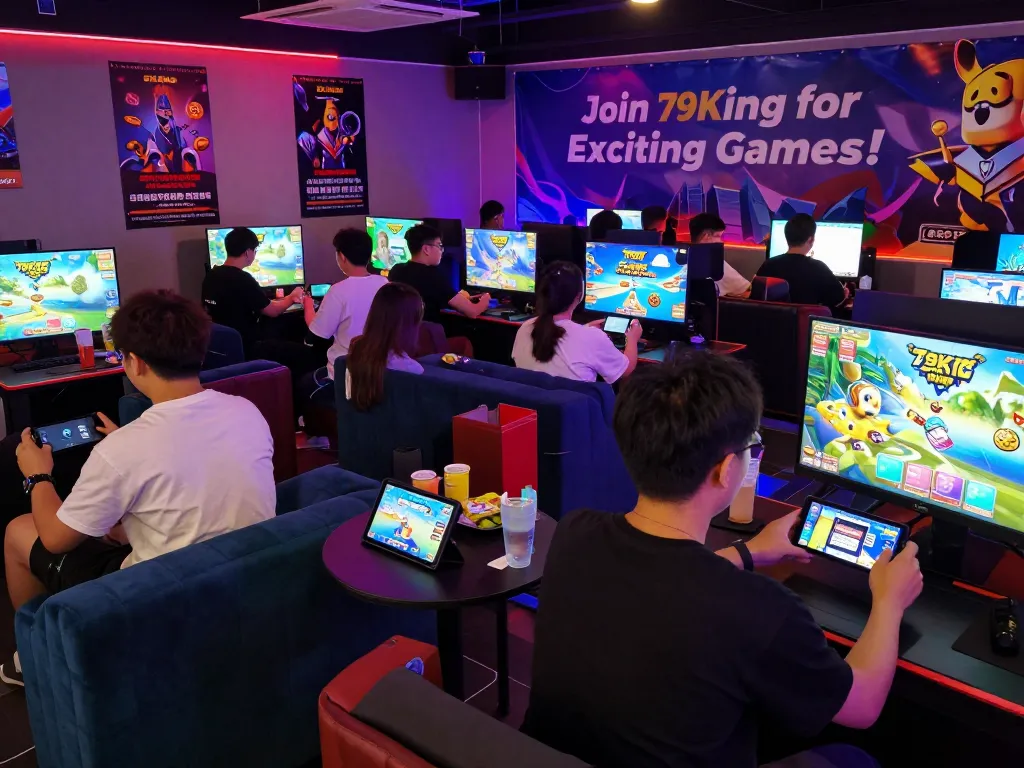 Engaged players experiencing the 79King online fishing game in a vibrant gaming lounge full of excitement and energy.