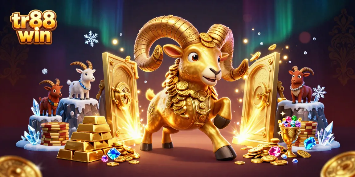 Spin and win with TR88 win while surrounded by a golden ram and treasure vault in this thrilling casino scene.