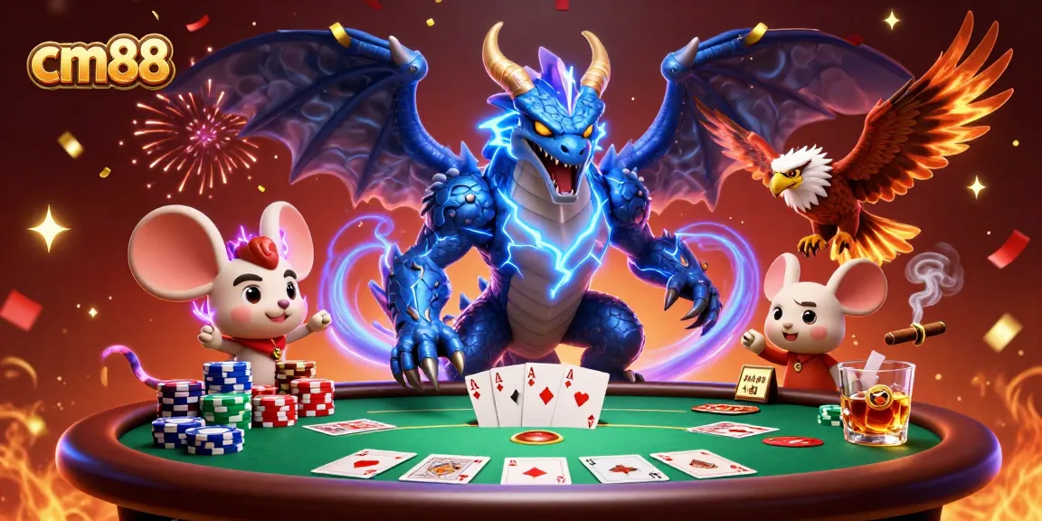 Experience thrilling gameplay at cm88 with a dynamic illustration featuring poker action and fantastic characters.