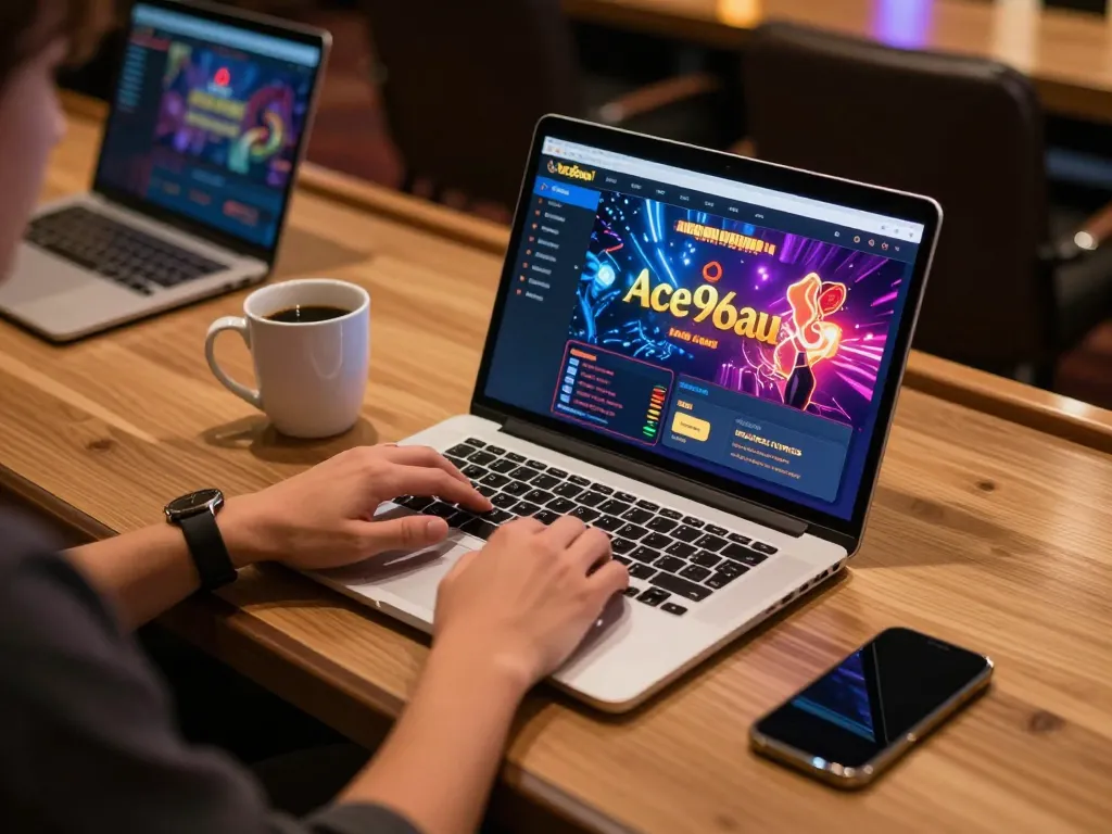 A player engaging with Ace96au online casino on a laptop, showcasing vibrant game graphics.