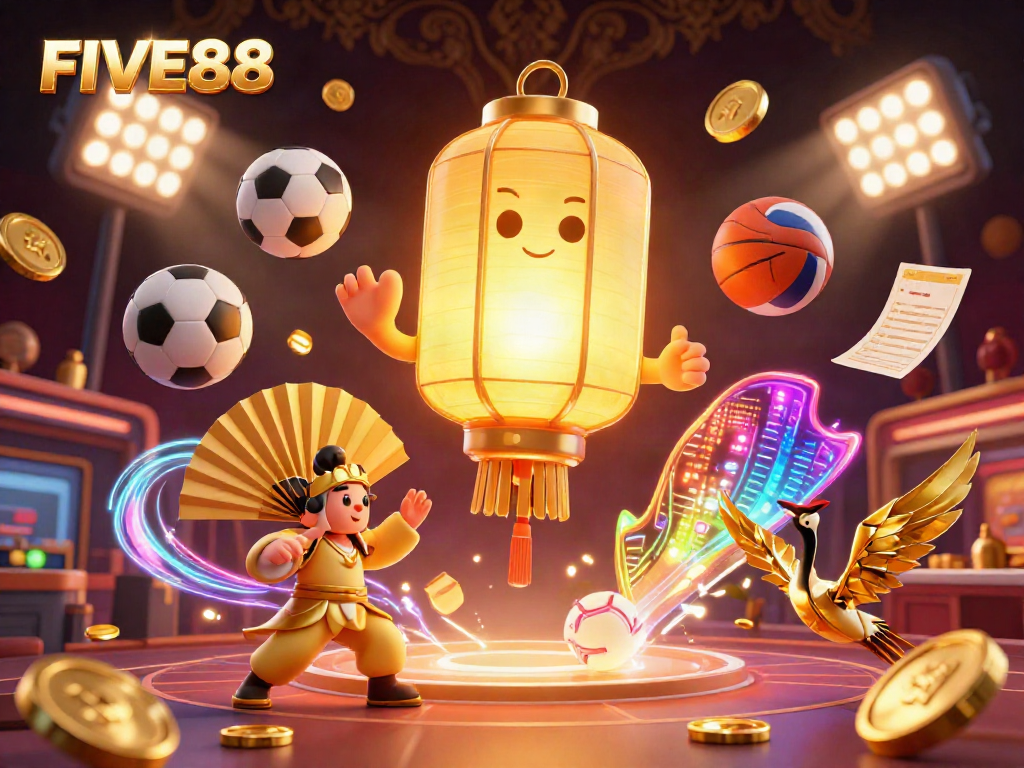 Experience excitement at FIVE88, a vibrant night market casino filled with sports balls and neon lights.