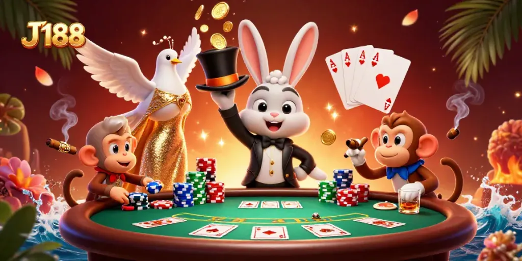 Engage in thrilling gameplay at J 188 with a magical scene featuring a cartoon magician, assistant dove, and monkey at a poker table.